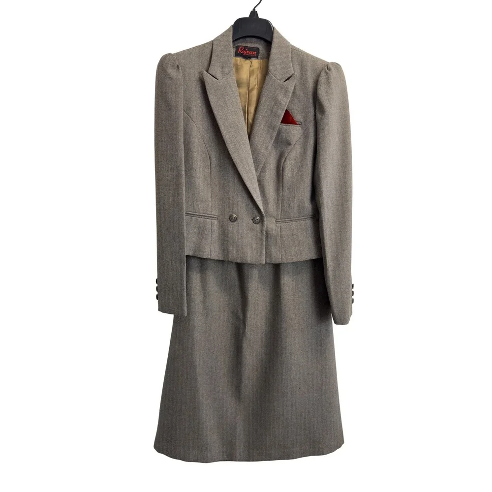 Vintage Rojean Brown Herringbone Skirt Suit Size S Crop Blazer A-Line Skirt USA